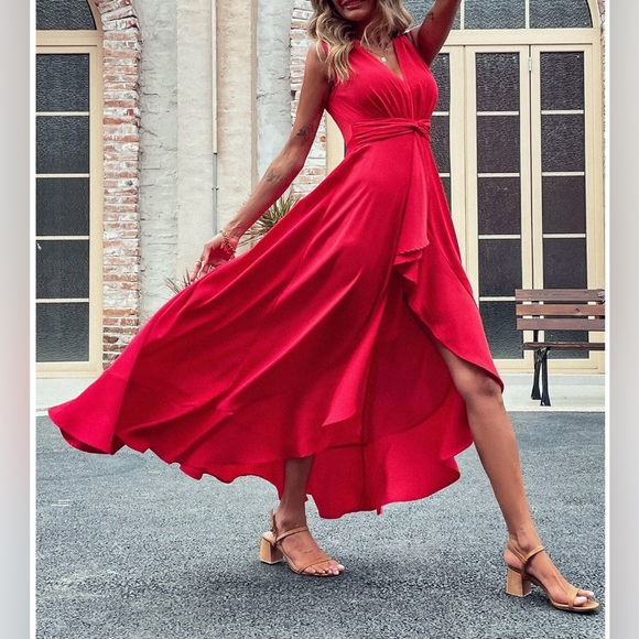 LAST ONE 🔥 A- Line High Low Ruffle Hem Dress Red* - Picture 3 of 8